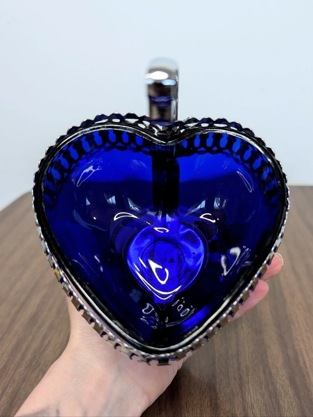 Vintage Cobalt Blue Glass Heart Shaped Bowl In Silver Tone Metal Handled Basket